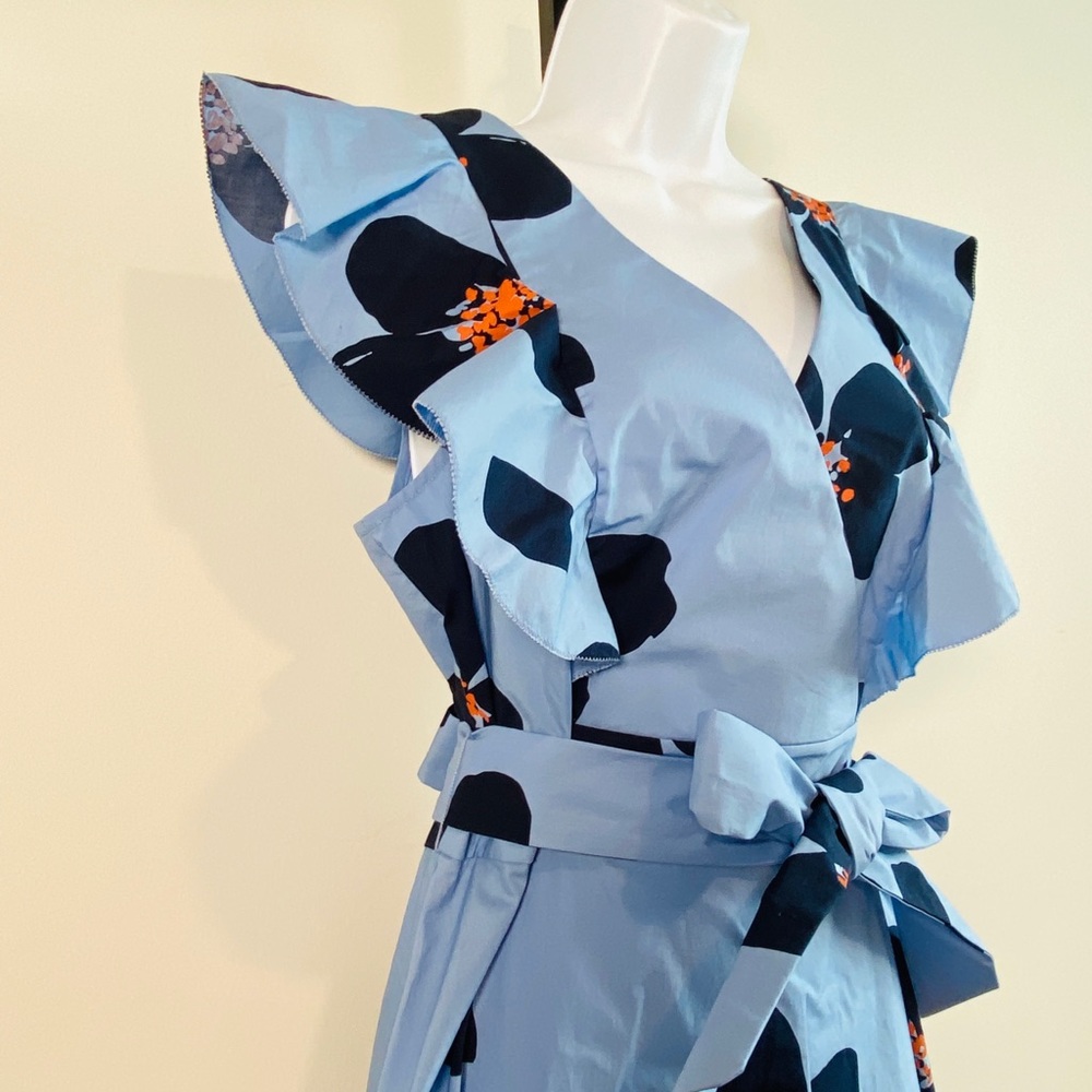 Kate Spade Tea Garden Blue & Orange Floral Print Cotton Midi Dress - Picture 3 of 13
